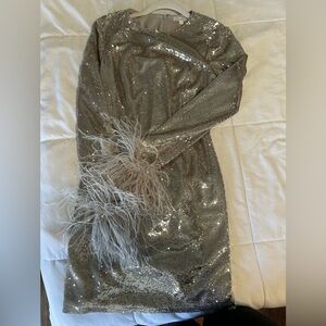 LBV Silver Sequin Long Sleeve Mini Dress with Feathers